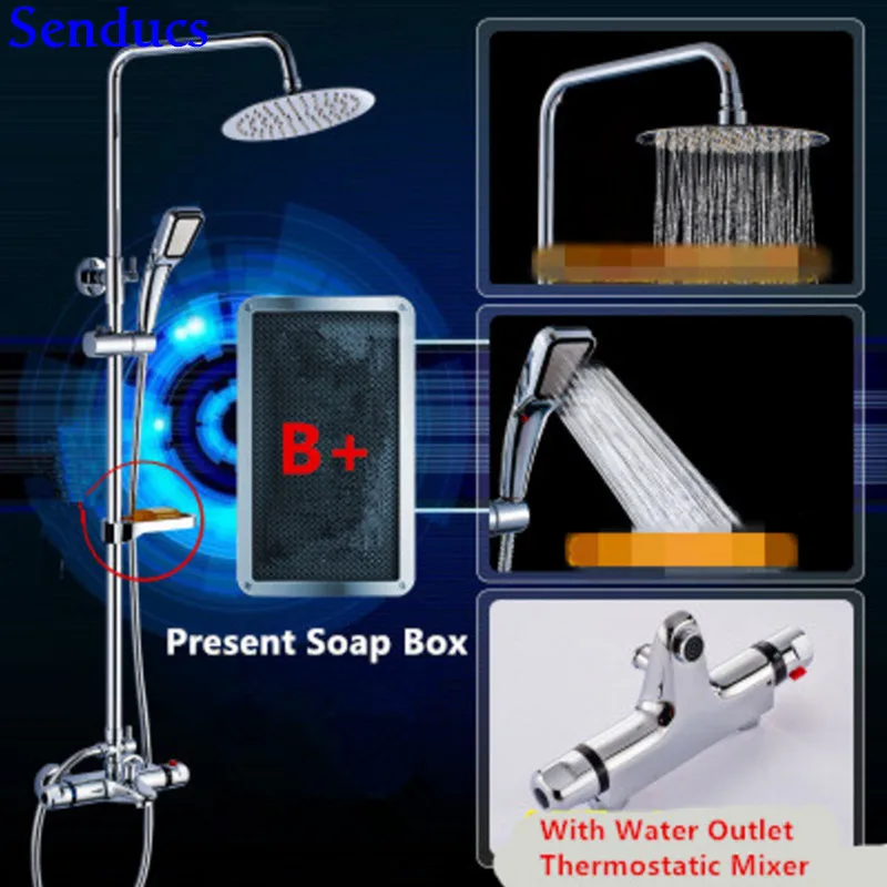 

Senducs Chrome Thermostatic Shower Set with High Quality Polished Chrome Shower System Raining Top Shower Set