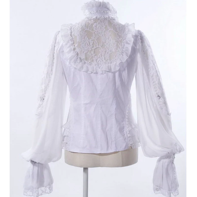 Старинная викторианская женская блузка, винтажная белая кружевная Готическая Блузка с оборками, рубашка 21152W