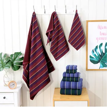 

3pcs 100% Cotton Towel Set High Quality Gauze Bath Face Hand Towels Navy Blue Stripe Bathroom Towels for Adults