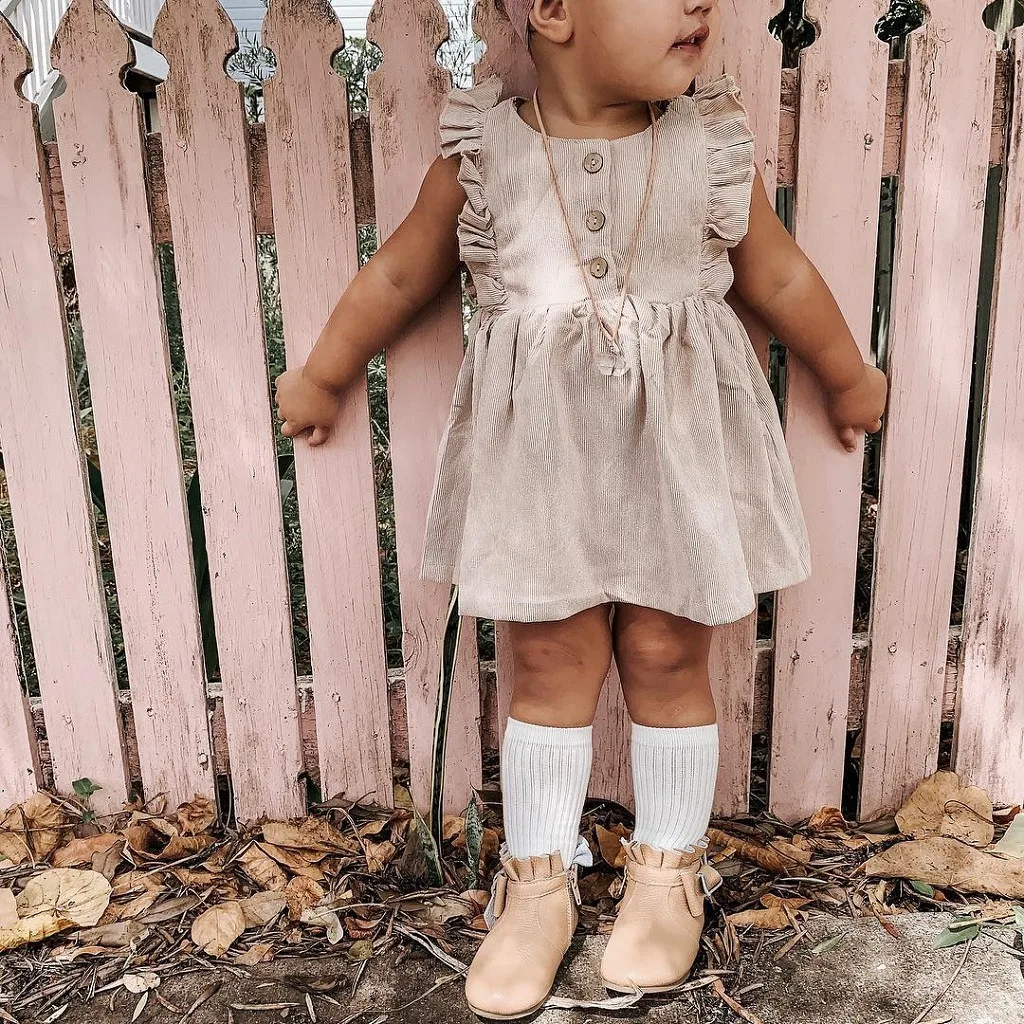 

Kid Infant Baby Girl Round neck Button Sleeveless Flying Sleeve Solid color Ruffles Dress Frill Striped Strap Dress