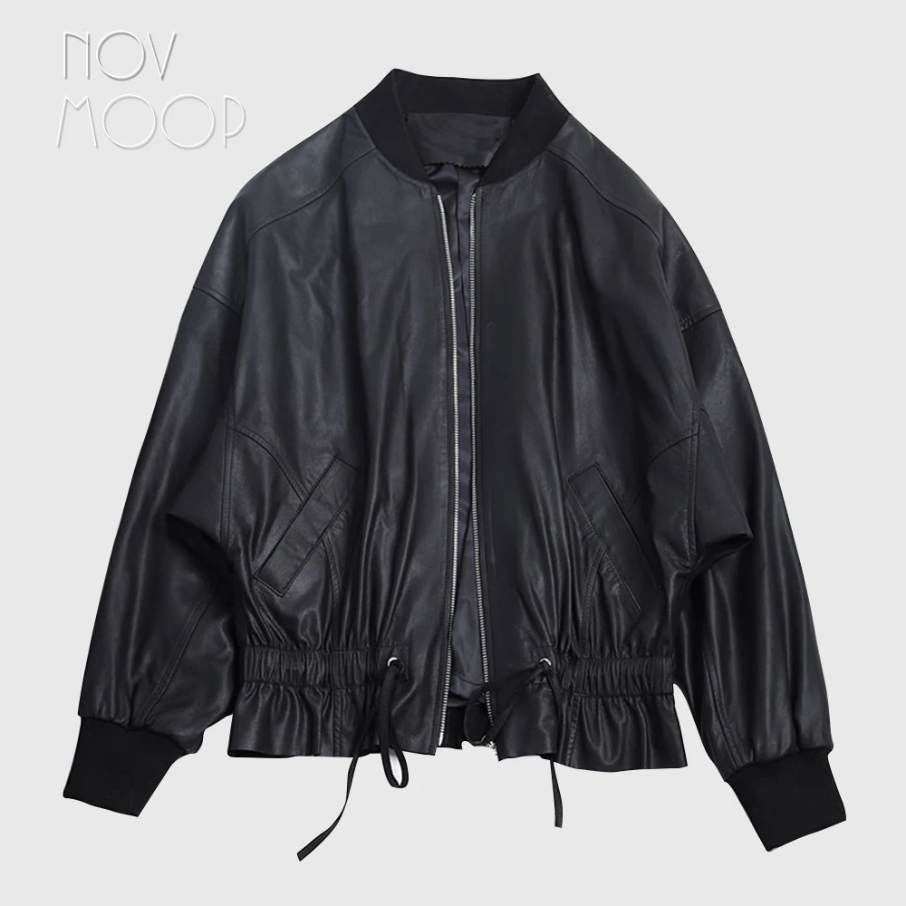 

Korean style women black genuine leather real lambskin coats jackets ribbed collar cuff ruched hem design casaco ropa LT2574