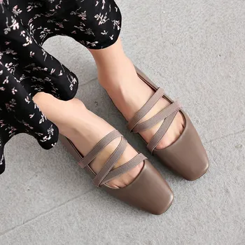 

GPOKHDS 2019 women flats soft Cow leather autumn spring slip on brown color Rome style square toe female loafer flats size 34-43