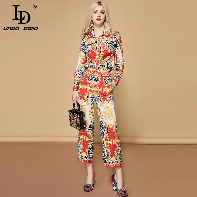 

LD LINDA DELLA Fashion Designer Pants 2 Two Pieces Set Women's Long Sleeve Printed Blouses + Vintage Pants Sets Suits