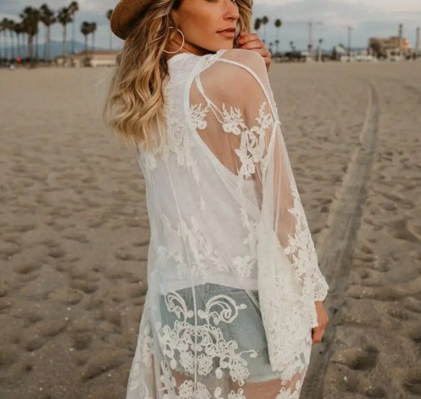Женский винтажный кардиган кимоно Boho кружевная блузка с длинным рукавом длинное