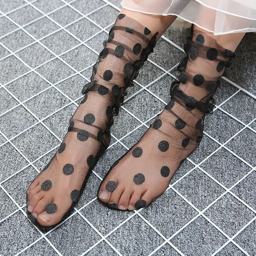 Новейшая модель, женские прозрачные носки в сеточку с рюшами, женские летние пикантные короткие носки в горошек, в сеточку, короткие носки, в сеточку, чулочно-носочные изделия