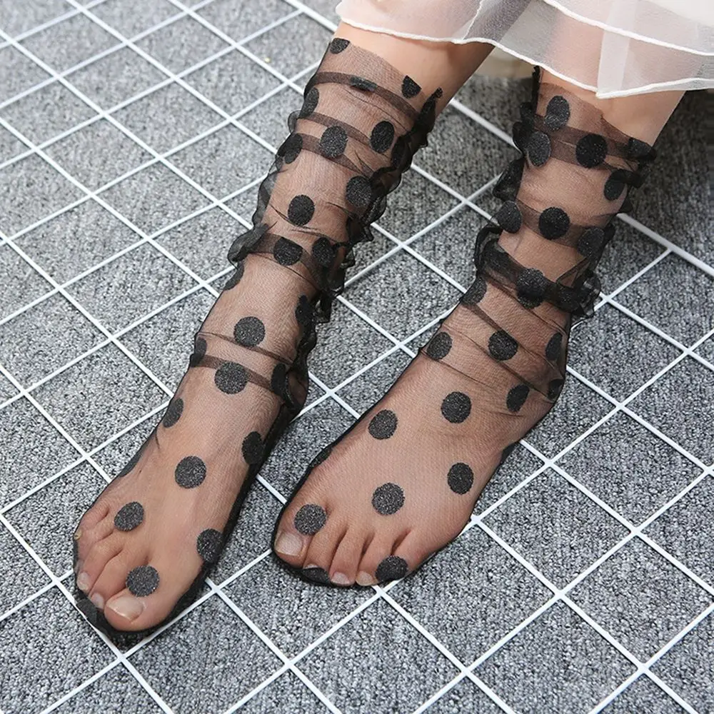 

Newest Women Ruffle Fishnet Ankle Transparent Socks Lady Summer Sexy Polka Dot Mesh Lace Fish Net Short Socks Mesh Hosiery