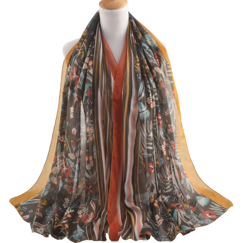 Осенний женский шарф 2019 из вискозы в полоску, bufanda mujer musulman, шейный цветочный шарф, мусульманский хиджаб, женские шали и обертывания, накидка