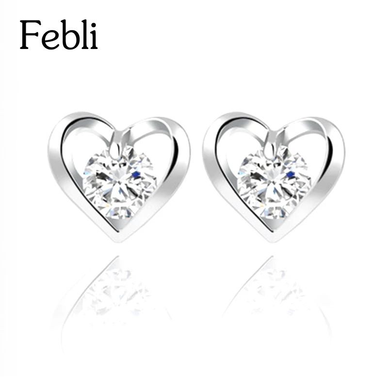 Febli Romantic Flower Heart Crystal Stud Earrings Alloy Silver Color Design Zircon Fashion Jewelry For Women | Украшения и