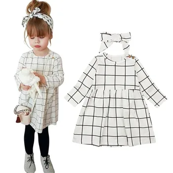 

Trendy Toddler Kids Baby Girls clothes round neck Plaid Long Sleeve Dresses Bow Headband 2pc cotton casual newborn Outfits