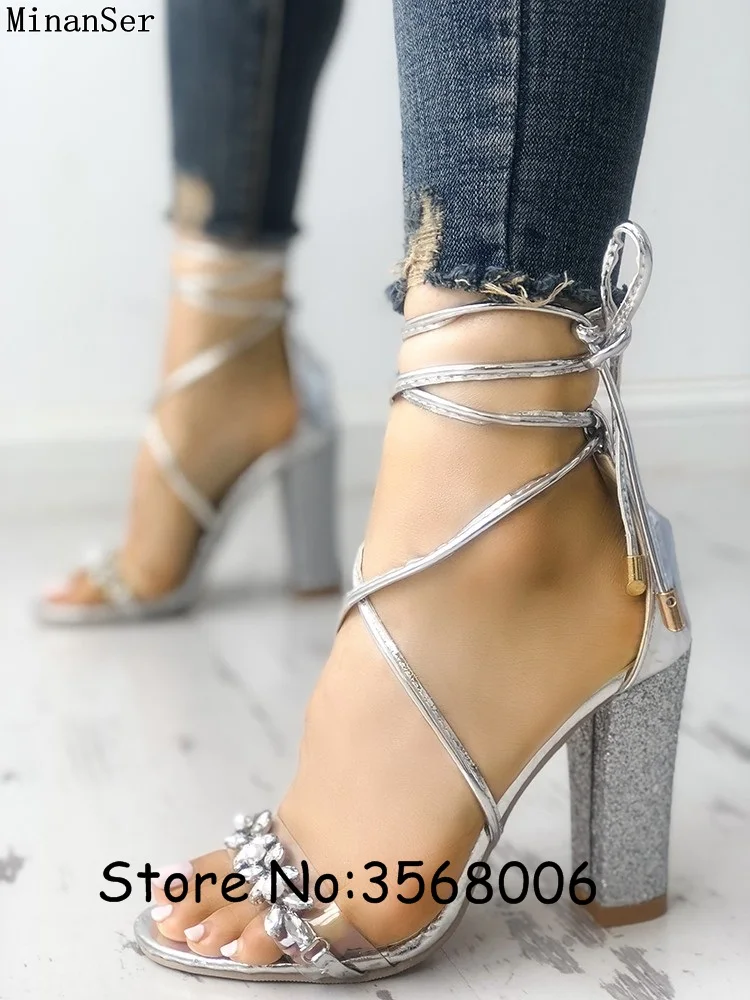 silver strappy chunky heels