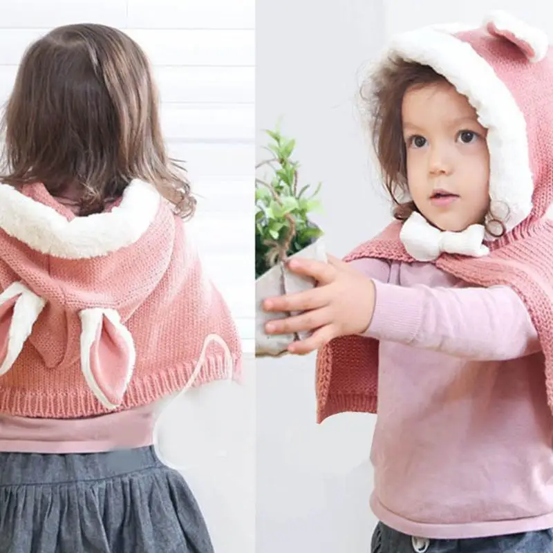 Baby Girls Winter Knit Wool Cute Rabbit Children Shawl Kids Hooded Shawl Autumn Winter Super
