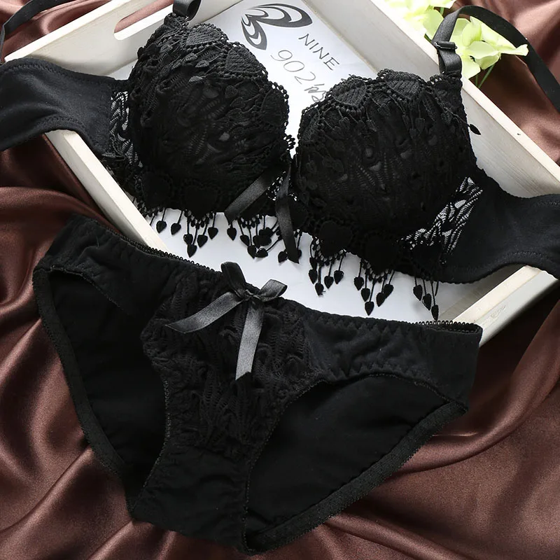 sexy lace tassle lingerie bra set - black