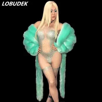 

Bright Crystals sexy Jumpsuit Fur multi color Cloak female singer costume Prom Bodysuit rhinestones dancer nightclub stag bar