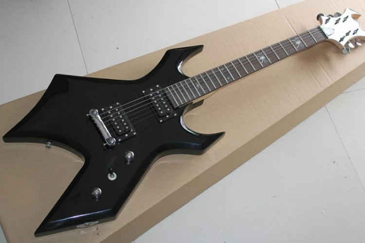 

Black Unusual Shape Electric Guitar with Fixed Bridge,Rosewood Fretboard with Spider Inlay,offer customized