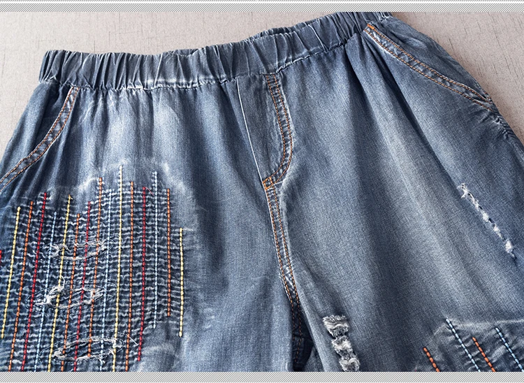 2019 летняя новая мода Женская свободная вышивка Тонкий джинсовый топ с коротким рукавом + шорты костюм повседневный комплект из двух