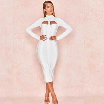 

2018 New Arrival White Long Sleeve Hollow Out Autumn Winter Solid Elegant Bandage Dress Bodycon Celebrity Party Clubwear Vestido