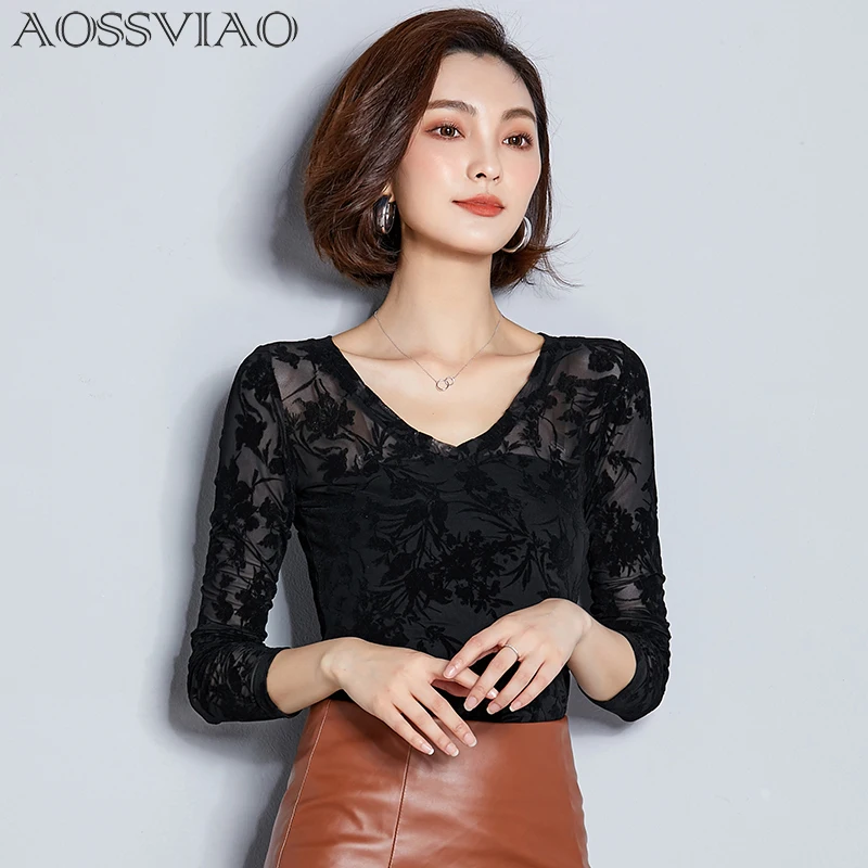 

AOSSVIAO Blusas Femininas 2019 Floral Casual Women Shirts Slim Long Sleeve Shirt V-Neck Womens Tops And Blouses Blouse Femme