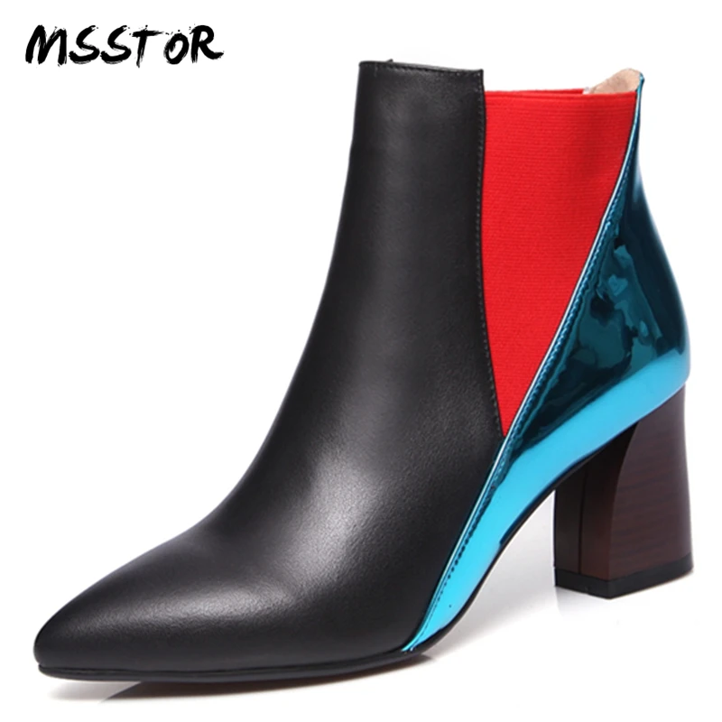 

MSSTOR Mixed Colors Fashion Ankle Boot Black Square Heel Sewing Elastic band Genuine Leather Women Pumps Pointed Toe Ladies Shoe