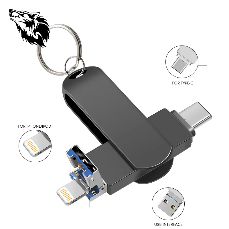 Wolf Тип C 3 в 1 Флешка USB флеш накопитель 128 Гб 64 ГБ 32 16 8 для iPhone и компьютера|USB