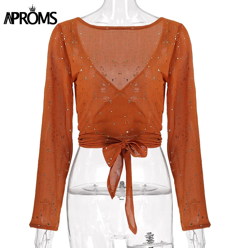 Aproms Gold Star Wrap Bow Tie Blouse Women Summer V Neck Long Sleeve Sheer Shirts Lady Streetwear C