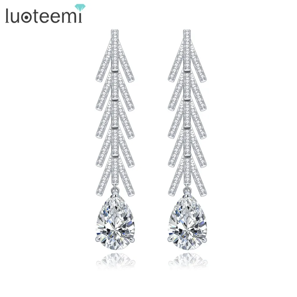 

LUOTEEMI Romantic Bridal Long Earrings Micro Poved Tiny CZ with Single Waterdrop Crystal Brincos for Women Wedding Jewelry Gift