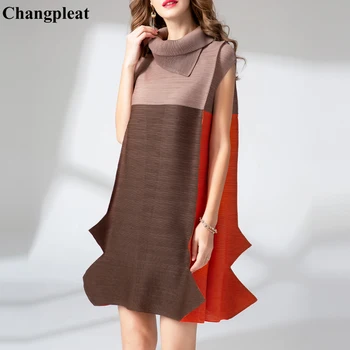 

Changpleat 2019 Summer Stitched loose Women dress Miyak Pleated Fashion Large Size irregular Above Knee Female dresses Tide D909