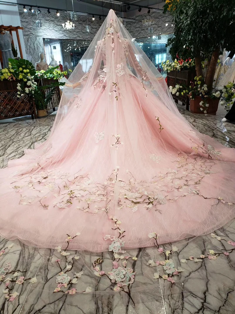 LS169901-1 распухшие Розовые Свадебные платья с свадебной вуалью с цветами и высоким воротом на шнуровке роскошное мусульманское свадебное платье Новая мода