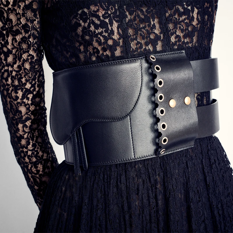 

2019 new vintage Wide Belts for Women Luxury black Double Retro Pin Buckle Women Dress Belts for Dress Female Waistband Belt