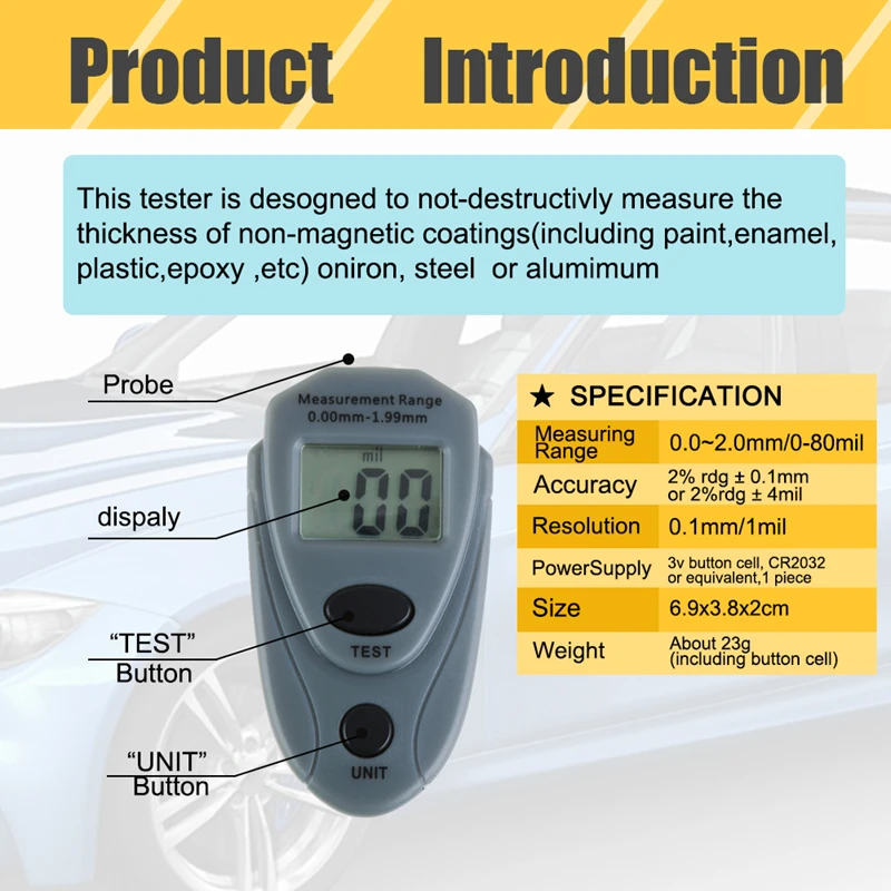 

EM2271 Mini Digital Coating Thickness Gauge Painting Thickness Tester Meter Iron Base Magnetic Zinc Paint with Calibration Sheet