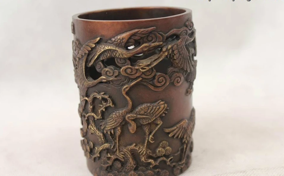 

4"Marked China Chinese Bronze Dynasty Palace Lucky Nine crane Brush Pot