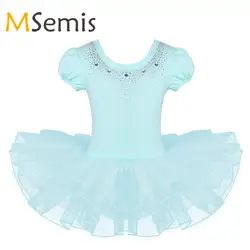 Детское балетное платье для девочек, Сетчатое платье с короткими рукавами и блестящими стразами, балетное танцевальное гимнастическое