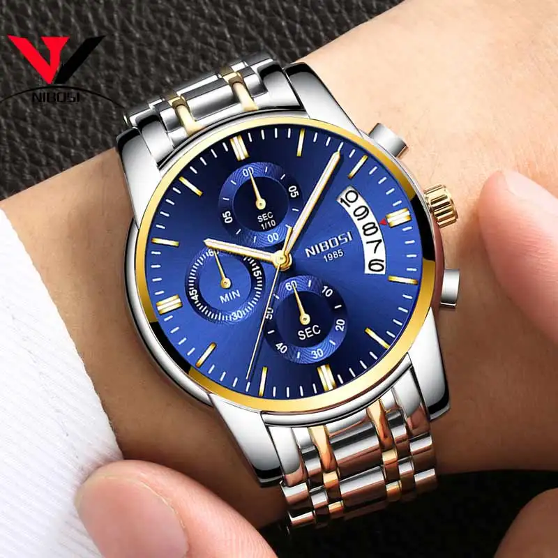 NIBOSI Mens Watches Luxury Brand Military Sport Gold Watch Men Business Wristwatch Chronograph Quar