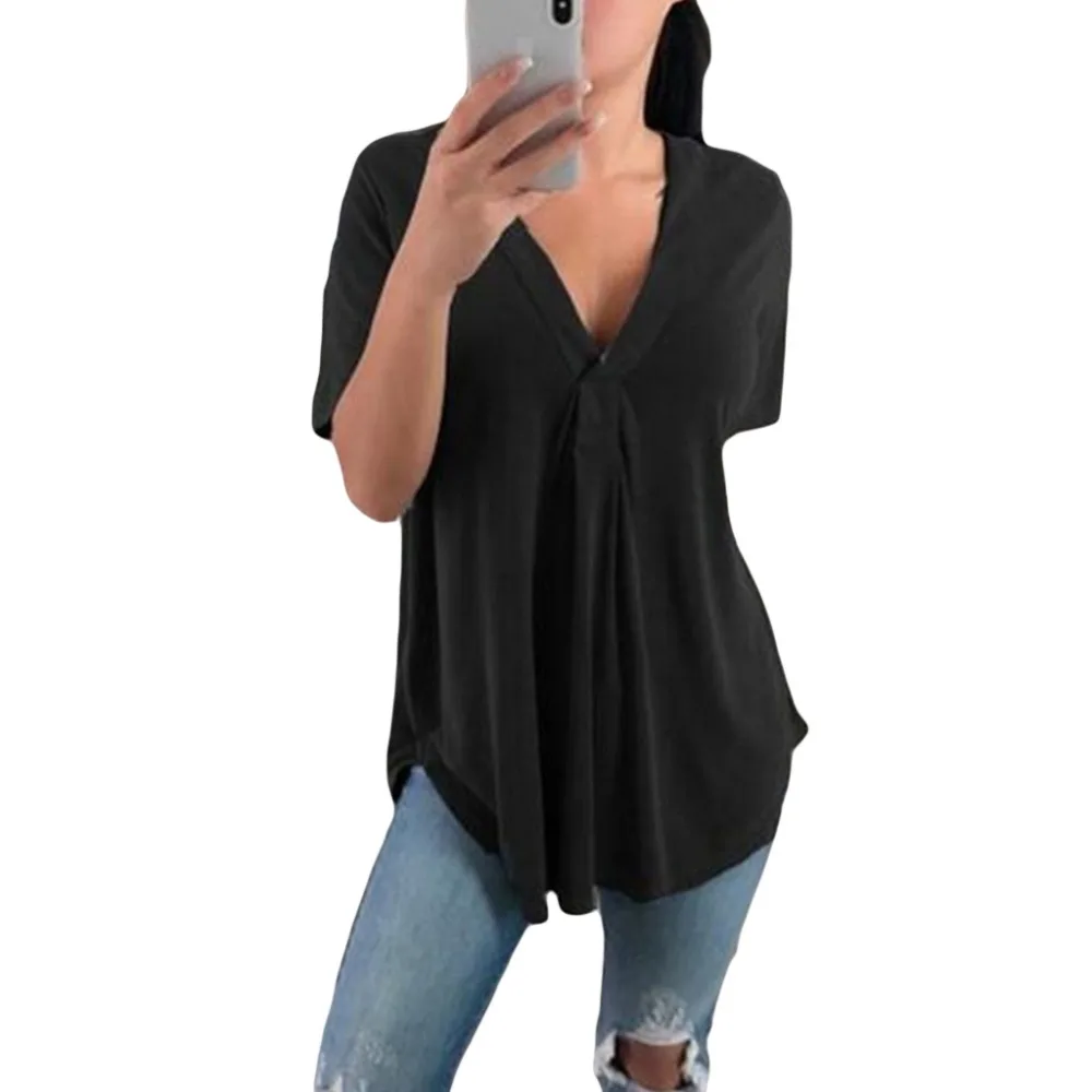 2019 Plus Size Women Summer Blouse Tops Casual Loose Short Sleeve Solid V-Neck Blouses Shirts 2019 Plus Size Women Summer Blouse Tops Casual Loose Short Sleeve Solid V-Neck Blouses Shirts