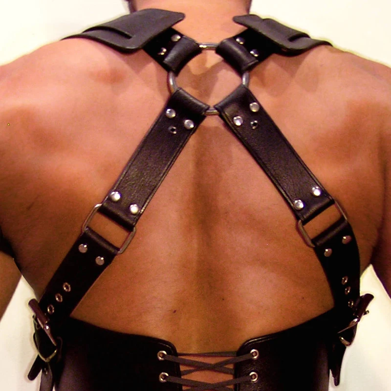 

Men Sexy Faux Leather Adjustable Belt Masculine Body Chest Bundling Harness Bondage Costume with Shoulder Armors Buckles Tights