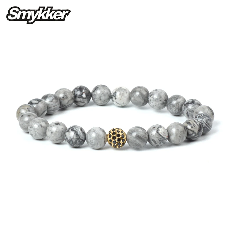 

Natural Map Stone Men's Beaded Bracelet Charm Golden Beads Reiki Buddha Prayer Bracelets For Women Male 8mm Bead Yoga Jewelry