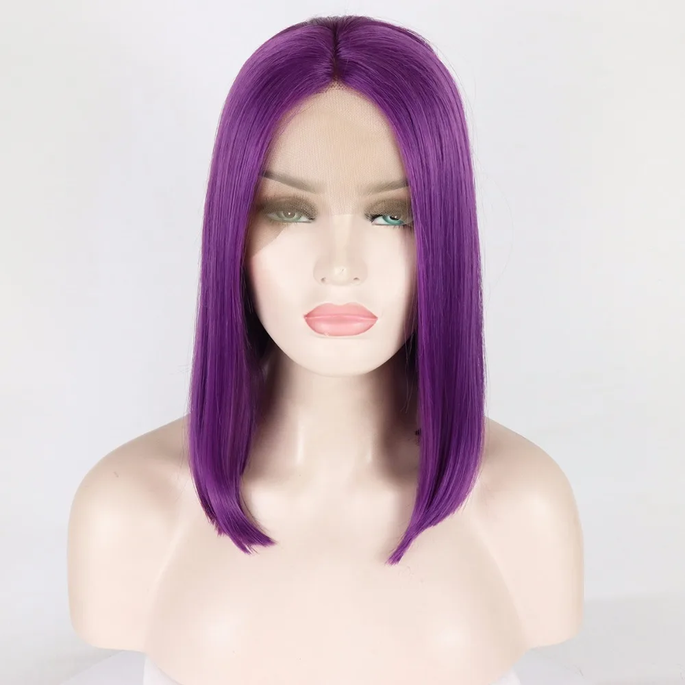 Фэнтези красоты темно фиолетовый короткий Боб парики для женщин высокая температура Синтетические Кружева передние парики с детскими волосами