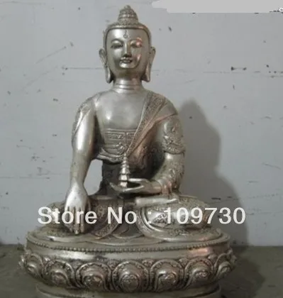 

00778 Tibet Buddhism White Bronze Silver Dragon Sakyamuni Buddha Hold pagoda Statue