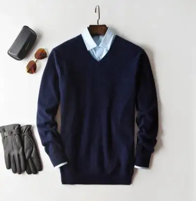 Кашемировый хлопковый мужской свитер на осень и зиму, вязаный однотонный пуловер в простом стиле, мужской свитер с v-образным вырезом - Цвет: v neck  navy blue