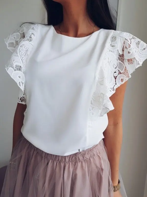 

Women's Chiffon Lace Casual Shirt Ladies Summer Loose Blouse Round Neck Pullover Solid Cotton Button-Back Size 6-14