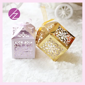 

50pcs/lot free shipping unique flower bright gold red laser cut beautiful pearl paper wedding candy box cake bags with ribbons