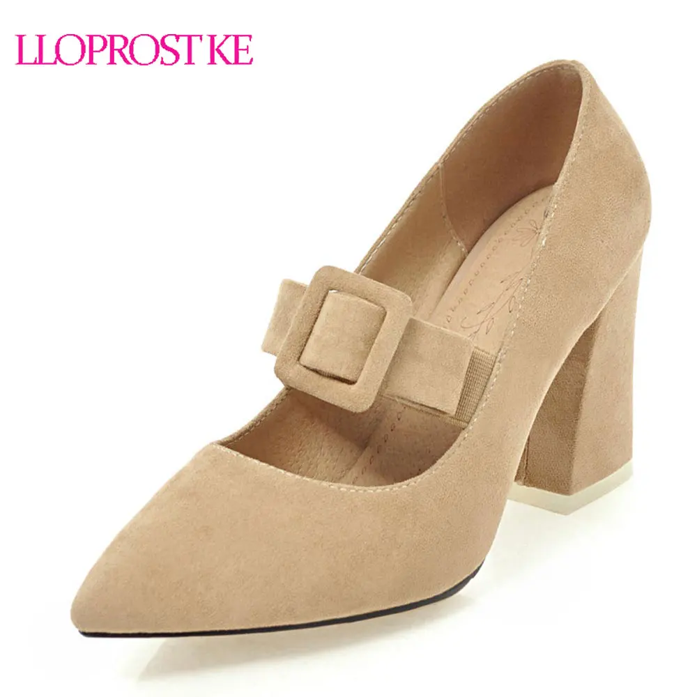 

Lloprost ke New Autumn 7 Colors Pointed Toe Pumps Thick Heel Flock Women Shoes Black Red Beige Pink High Heel Ladies Shoes MY585