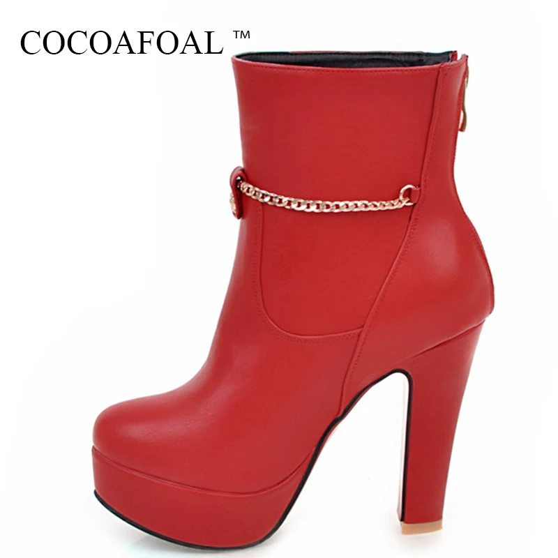 

COCOAFOAL Sexy Black Crystal Martin Boots Fashion Plus Size 33 43 44 High Heeled Shoes Winter Metal Decoration Ankle Boots 2018