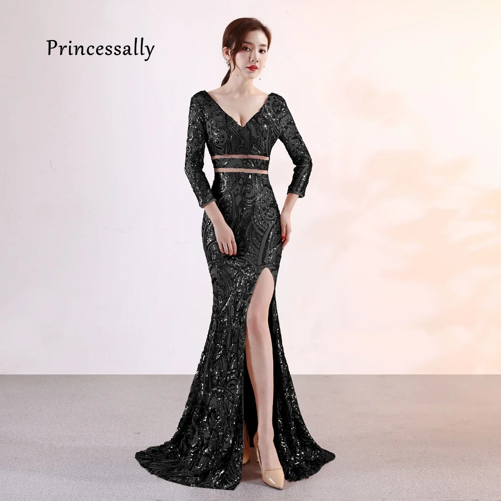 

New Black Sequin Mermaid Evening Dress Floor Length Long Sleeve Sexy V neck Prom Formal Dress For Ladies Robe De Soiree Sirene