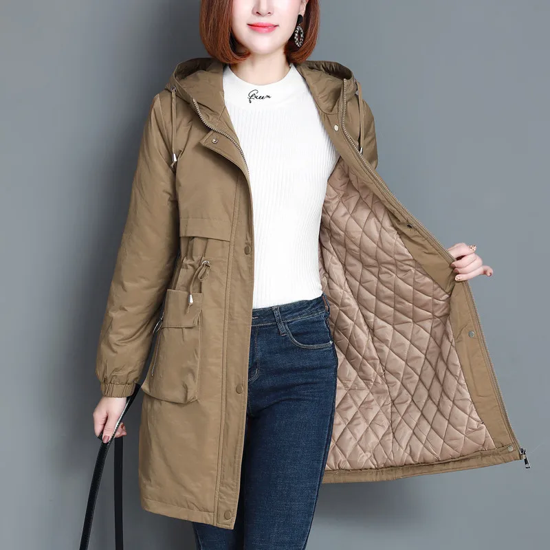 

2019 Autumn Winter Women Trench Coat Long Sleeve Casual Windbreaker Female Down Cotton Coat Hooded Outerwear Large Size 4XL R598