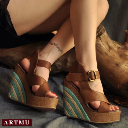 Artmu/оригинальные летние женские босоножки из натуральной кожи на платформе и высоком каблуке; обувь ручной работы из воловьей кожи на танкетке в стиле ретро; 4023-9 - Цвет: Coffee