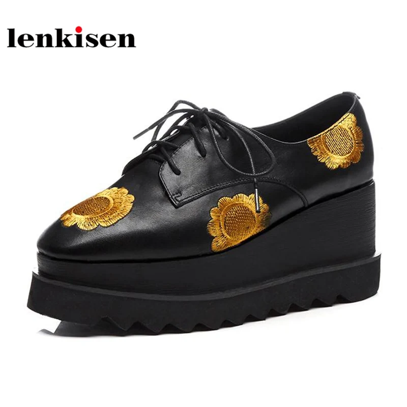 

Lenkisen cow leather lace up platform women wedges shoes embroidery flowes square toe famous band thick bottom women pumps L06