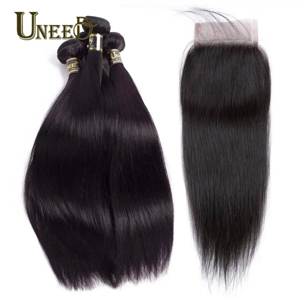 Uneed Hair Malaysian Straight Hair Bundles With Lace Closure Remy Human Hair Weave 3/4 Bundles with 4*4 Closure Nautral Black