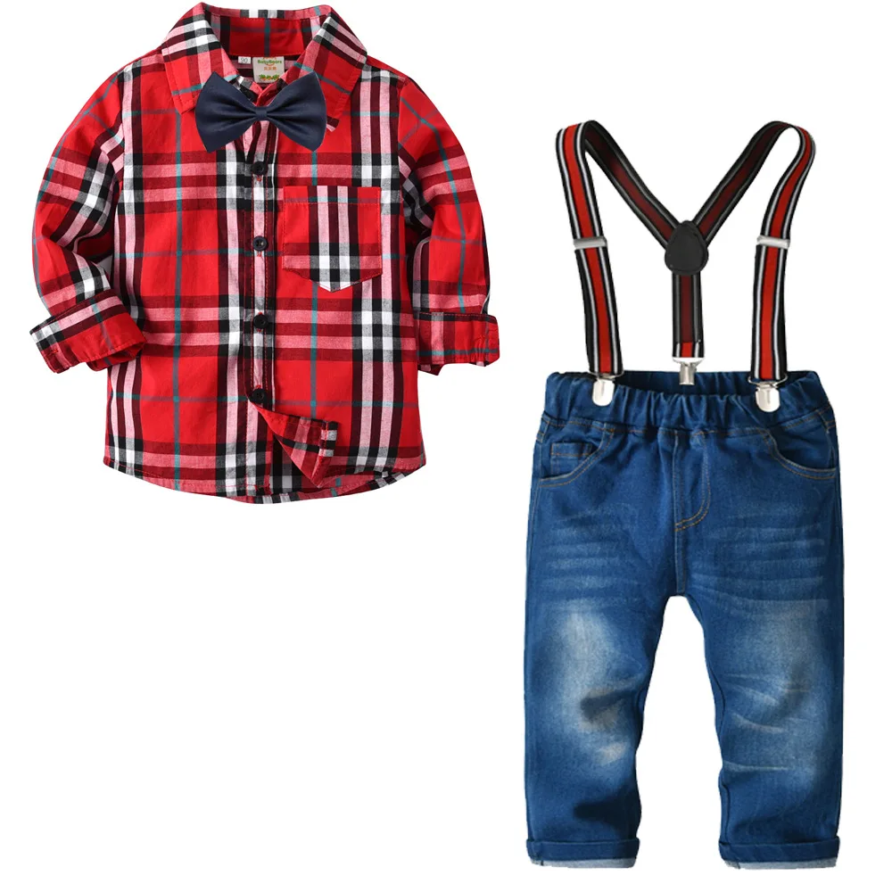 

Boys Gentlemen Suit 4 Pcs Long Sleeve Plaid Shirt Cotton Bow Tie Jeans Denim Pants Suspenders Autumn Kids Clothing Sets