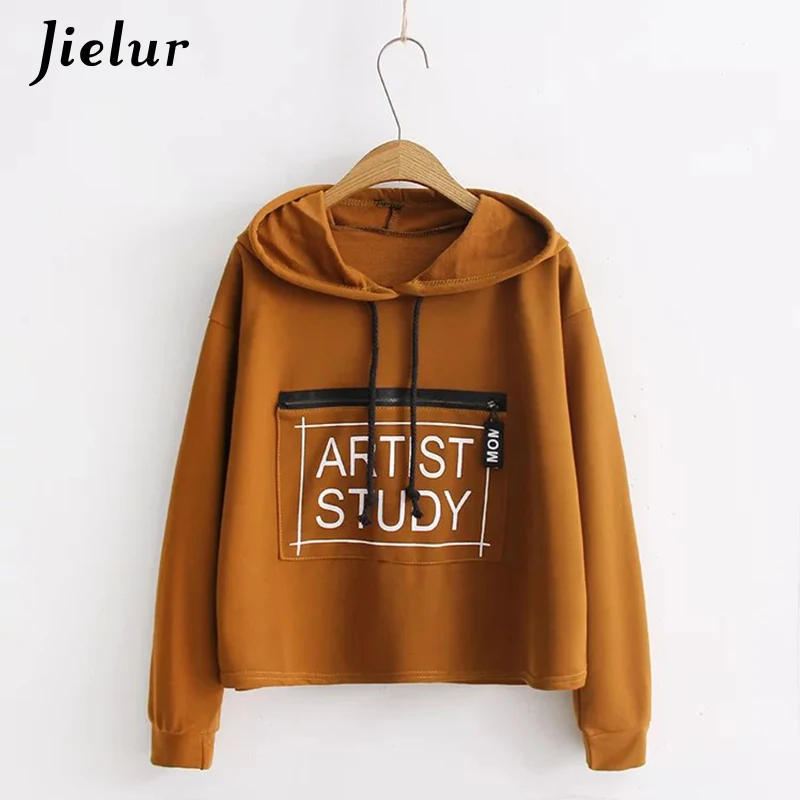 

Jielur Printed Women's Hoody 2019 Fashion Harajuku Female Sweatshirt White Black Hooded Hoodies Cropped Top Fall Thin Pullover