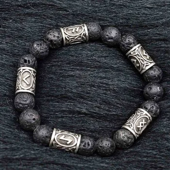 YIZIZAI Vintage 10mm Lava stone Antique Retro Beads Viking rune Alloy Norse jewelry Men’s bracelet For women Men